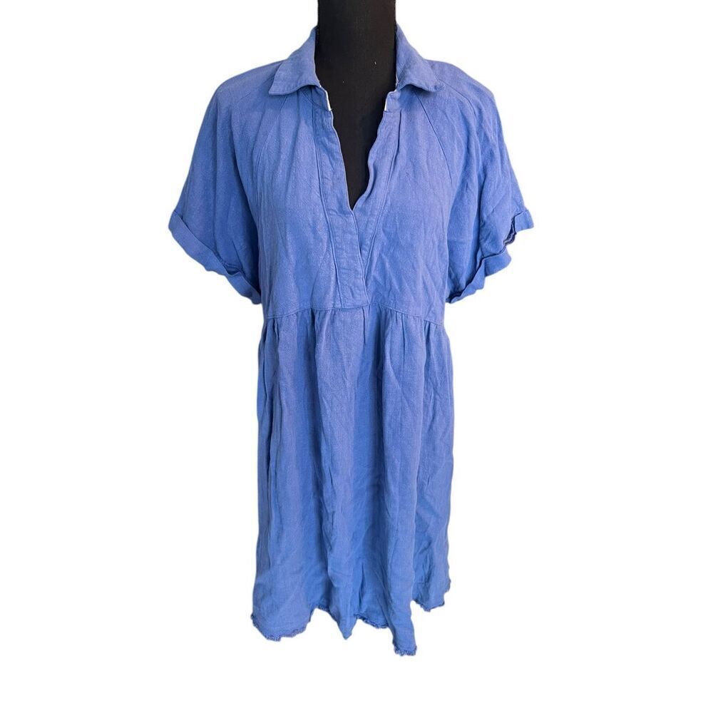 Umgee woman’s Large blue floral linen blend babydoll dress raw hem flowy
